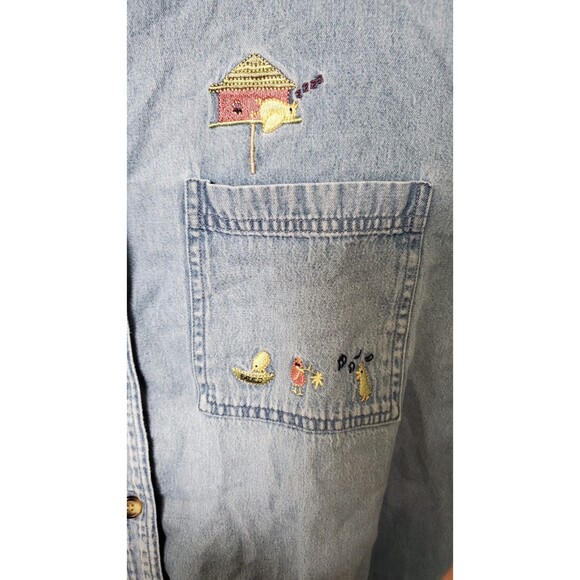 VINTAGE 90S CJ BANKS Blue Jean Denim Short Sleeve Bird Button Up Cotton Cottage - Picture 3 of 8
